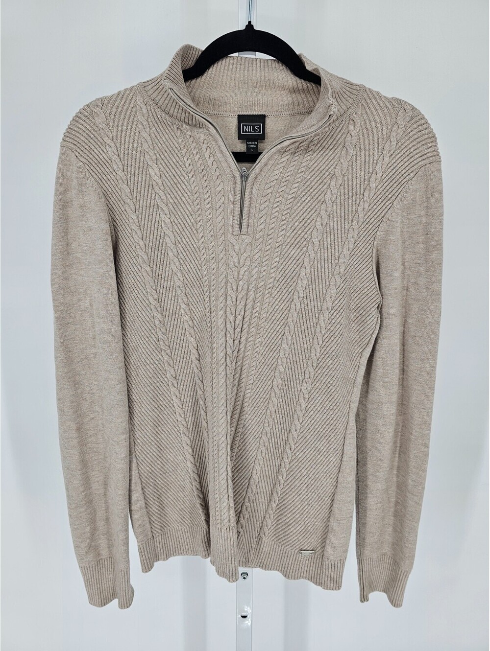 NILS women's Sz L long-sleeve quarter-zip sweater in a beige/neutral color